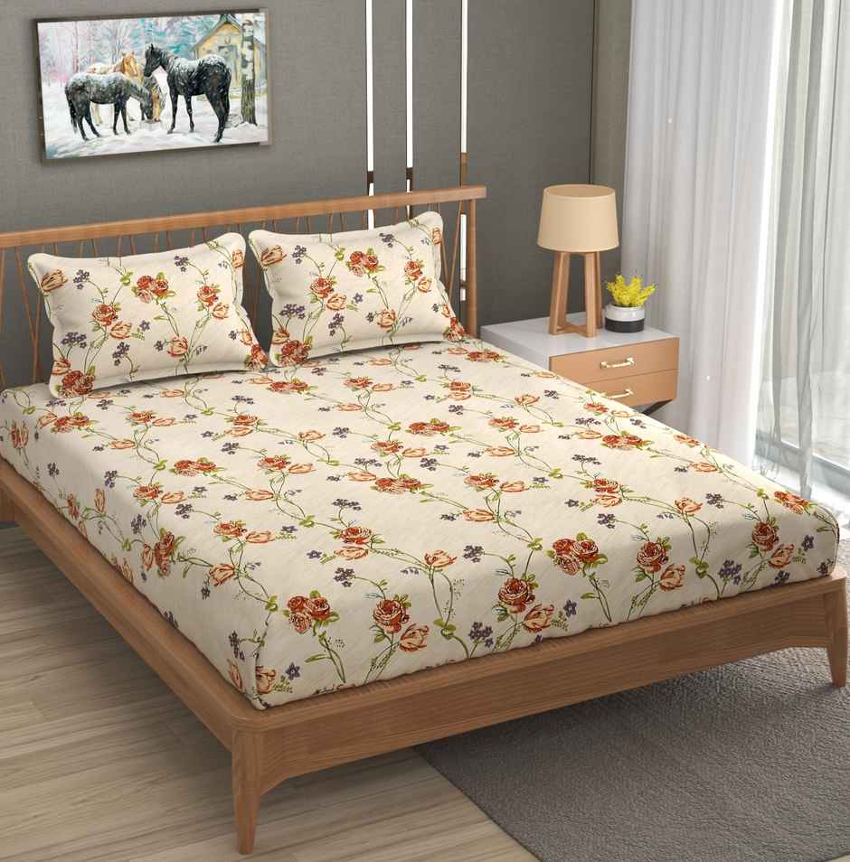 Furnofy 140 Gsm Fitted Bedsheet (L-78" x B-72" + 6" Pocket) With 2 Pillow Covers - Fitted, Floral