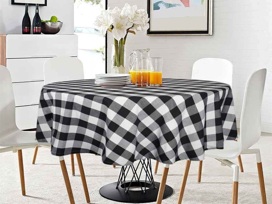 Lushomes Round Table Cloth - Black Checks | Cotton | 40 inch