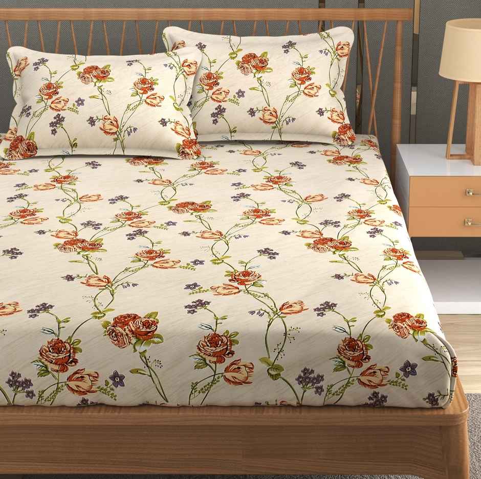 Furnofy Fitted 140 Gsm Floral Bedsheet | With 2 Pillow Covers | White | 78 x 72 in