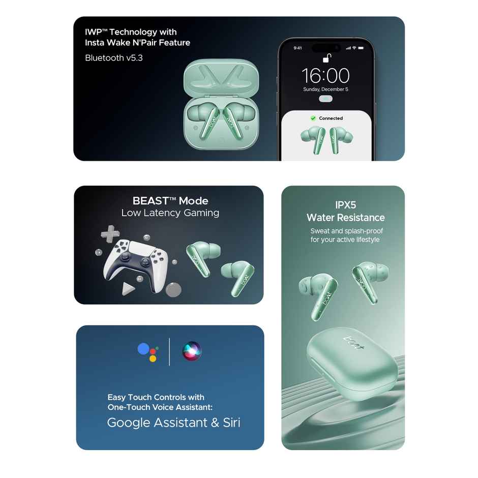 boAt Airdopes 280 ANC 32dB | 60Hrs | 13Mm Drivers | 4Mics Enx | Aquamarine Green