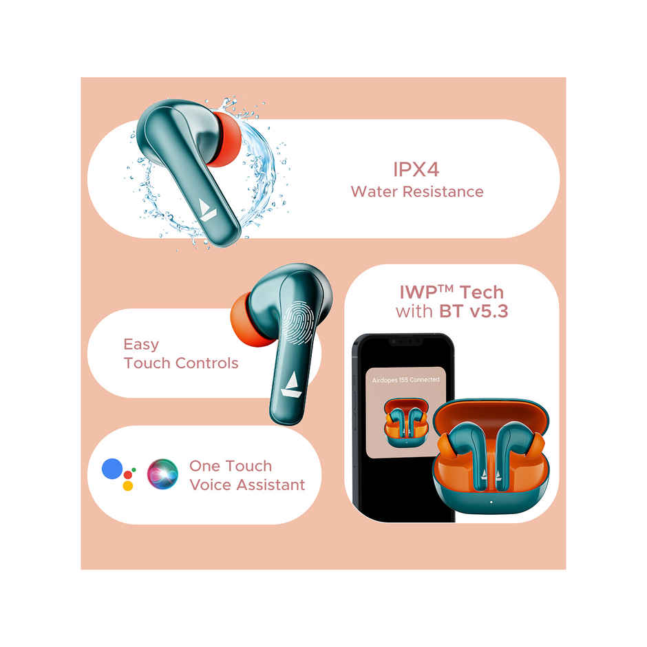 boAt Airdopes 155 TWS Earbuds with 40 hrs Playtime,In-Ear Detection,Quad Mics ENx Tech,ASAP Charge Bluetooth - Active Teal