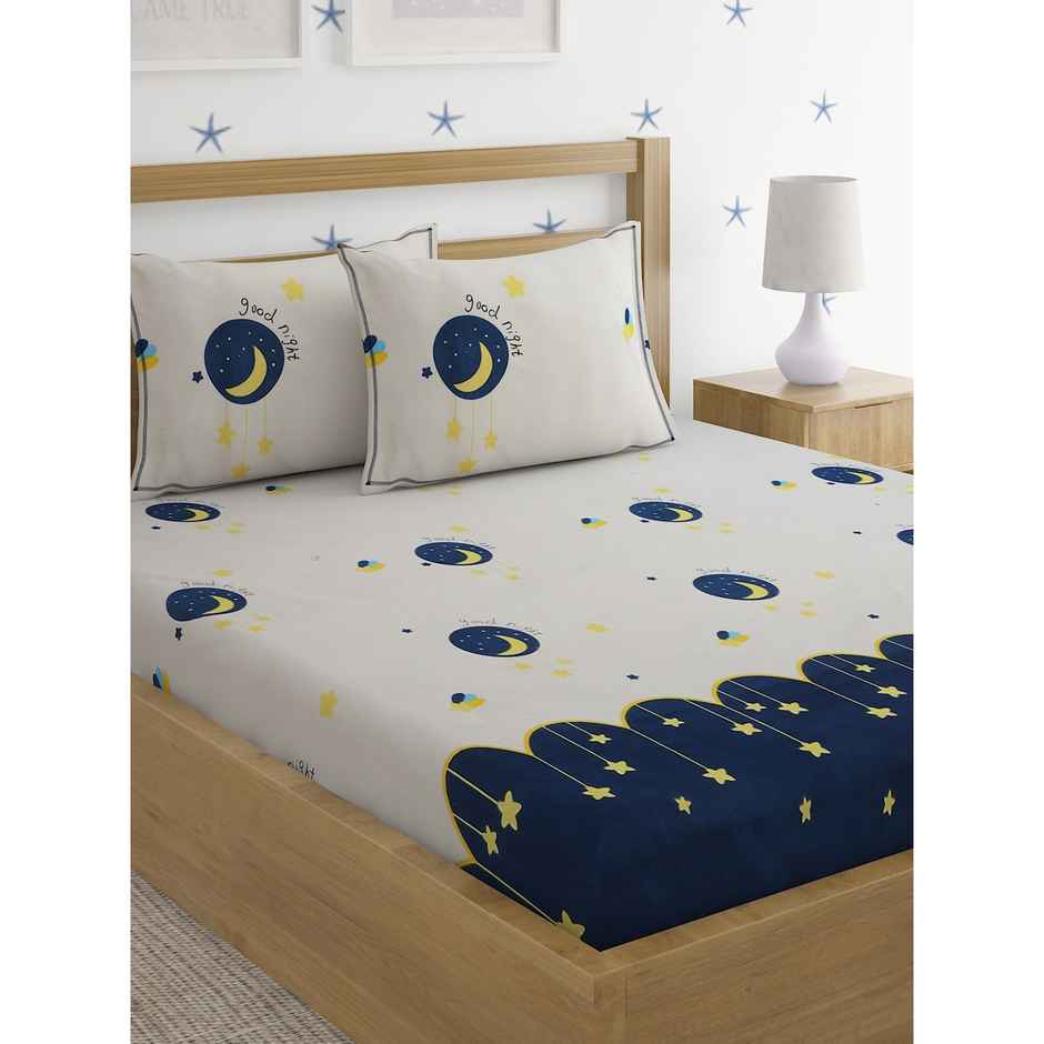 Hosta Homes Double Glaced Cotton 220 GSM Moon & Stars Bedsheet, 2 Pillow Covers | Blue | 90 x 100in