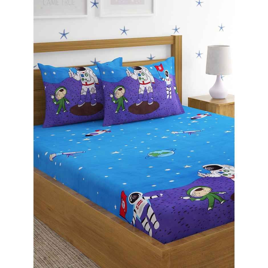 Hosta Homes 220 Gsm Glaced Cotton Space Astraunaut Printed Double Bed Sheet With 2 Pillow Covers