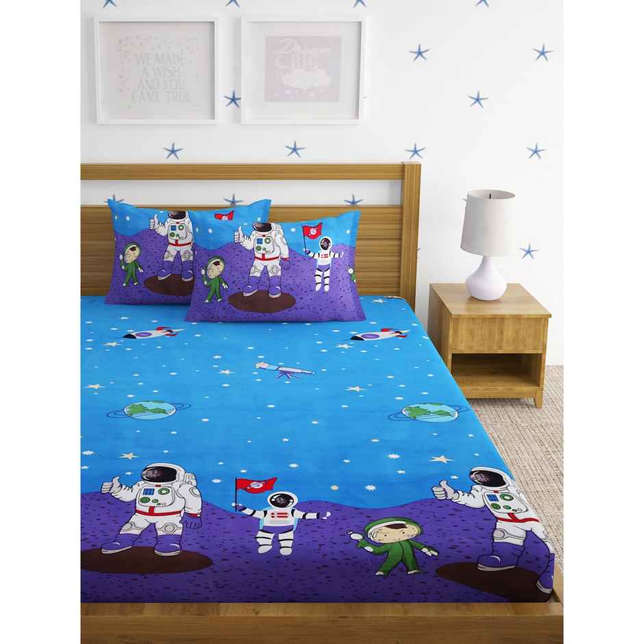 Hosta Homes 220 Gsm Glaced Cotton Space Astraunaut Printed Double Bed Sheet With 2 Pillow Covers