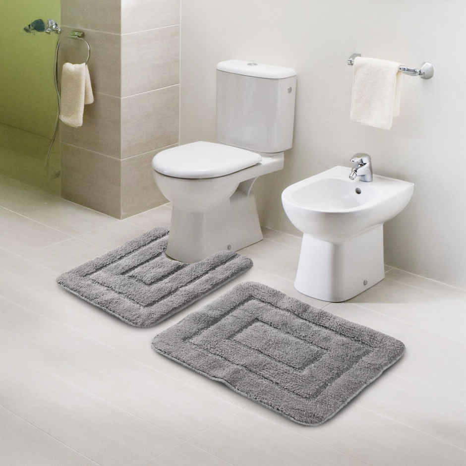 Saral Home Cotton Anti-Slip Bathmat & Contour Set | Grey - 45 x 60 cm & 45 x 50 cm