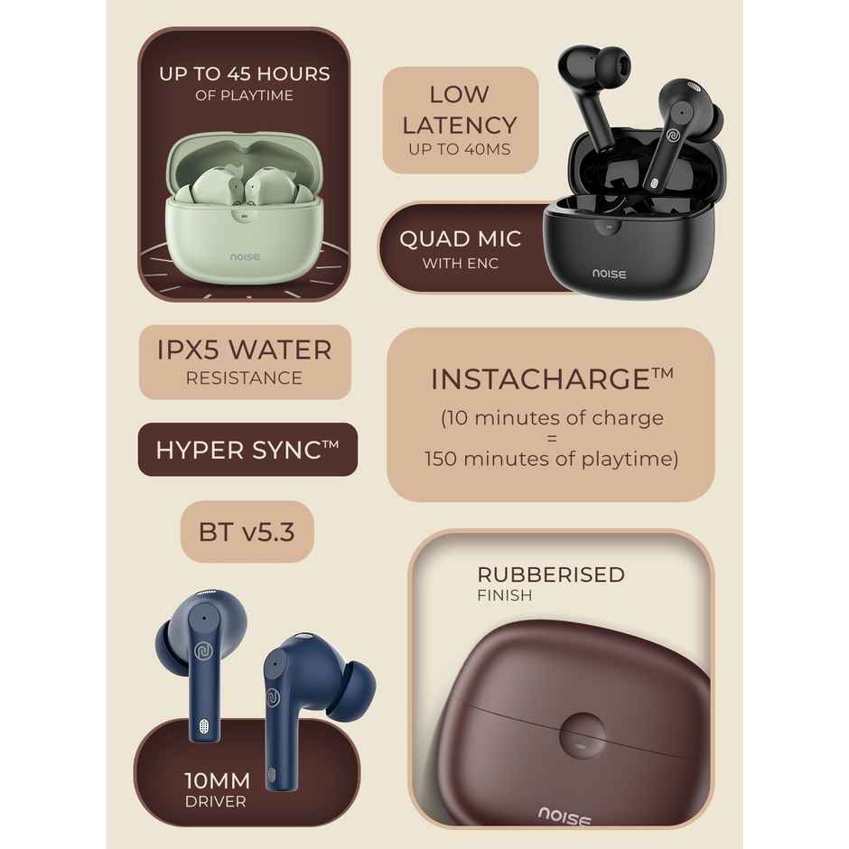 Noise Buds Nero TWS Earbuds with Rubberised Finish, Quad Mic ENC & 45H Playtime, IPX5 Water Resistance - Deep Wine