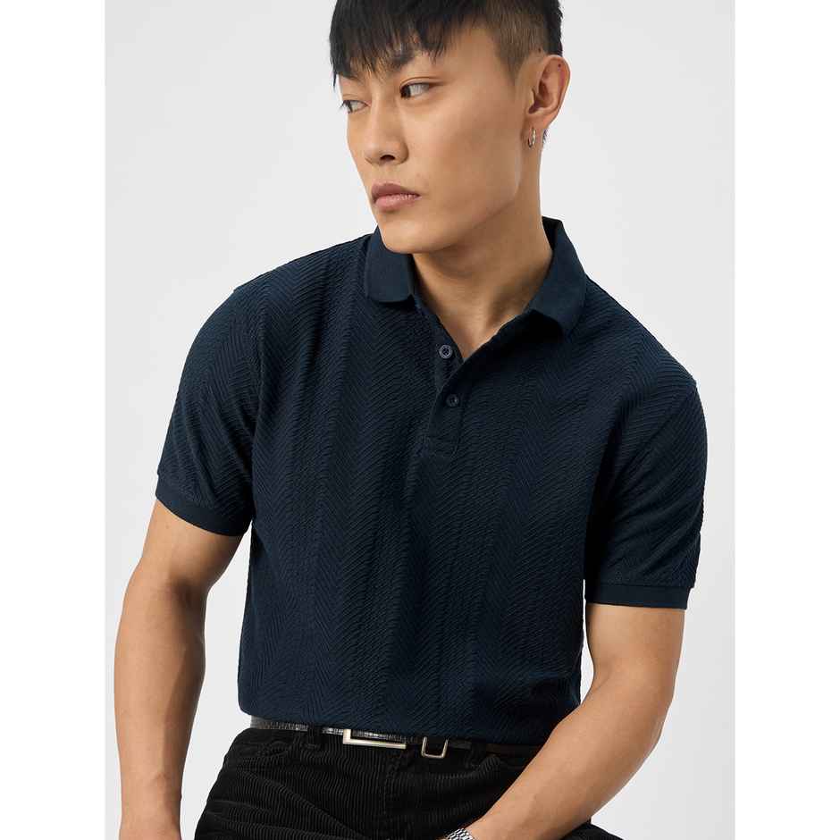 The Souled Store Men's Regular Textured Polo - Navy Polos | L