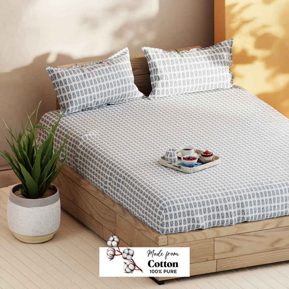 Bianca Soft 100% Natural Cotton Double Bedsheet With 2 Pillow Covers | Laquasa Floral | Indigo &Ecru