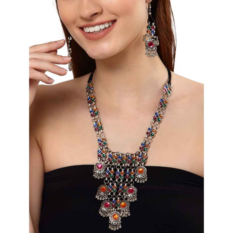 Shining Diva Fashion Stylish Traditional Oxidised Silver Necklace Jewellery Set for Women | 13110s