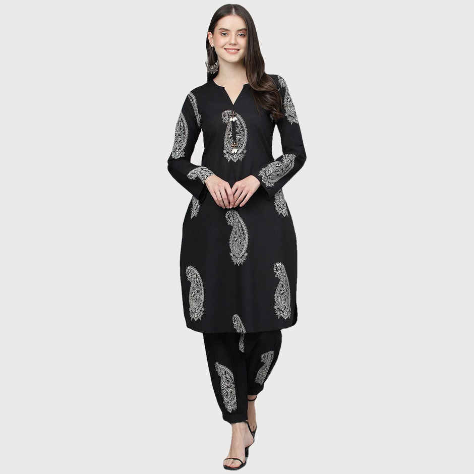 Divena Women's Cotton Straight Kurta with Curve Hem Pant Set | DK0800 | Black - S