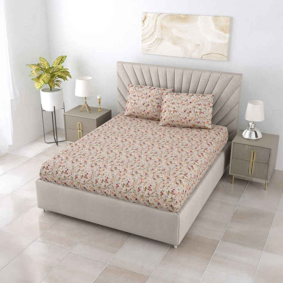 Bombay Dyeing Florentine 144 TC 100% Cotton Light Brown Double Size Bedsheet with 2 Pillow Covers