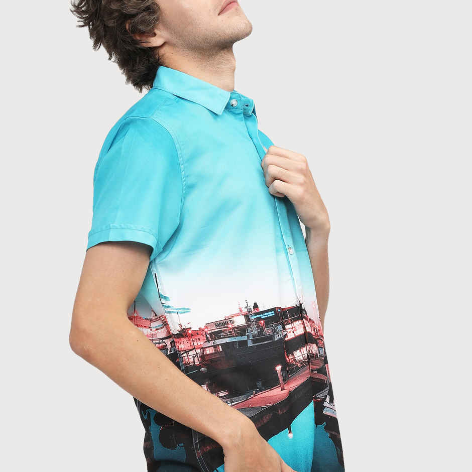 Highlander Men's Printed Slim Fit Casual Shirt - Light Blue and Navy Blue | L