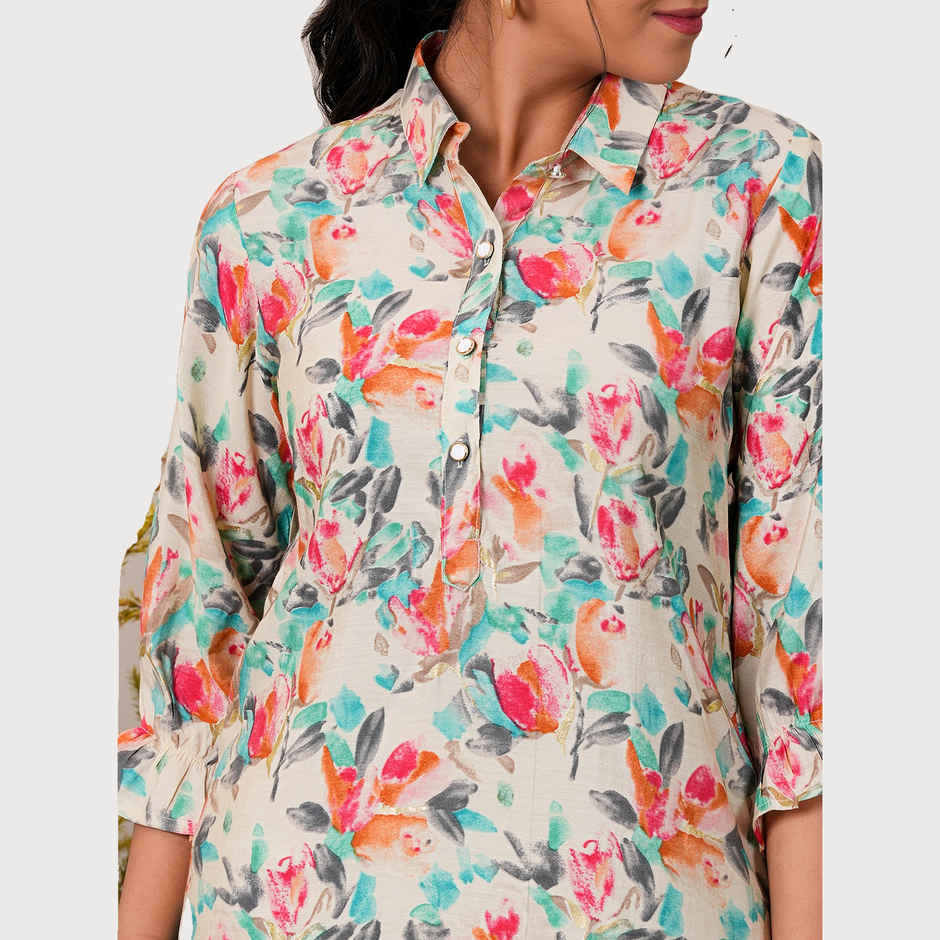 Libas Women's Printed Silk Blend Pathani Kurti | 37083 37083 | Cream - M