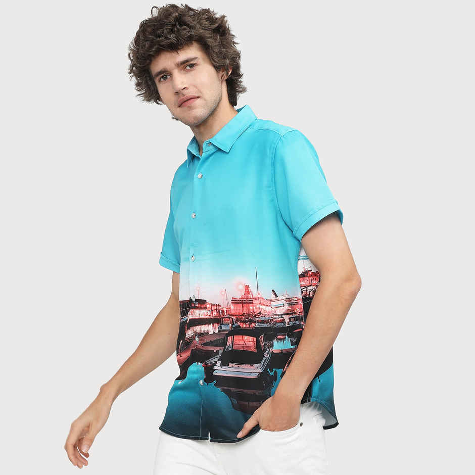 Highlander Men's Printed Slim Fit Casual Shirt - Light Blue and Navy Blue | L