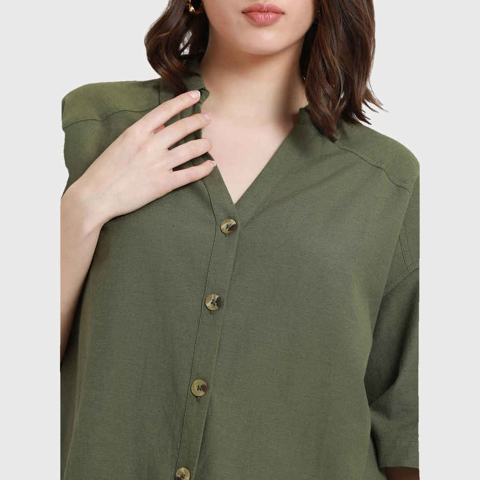 DL Women's Drop Shoulder Casual Oversized Shirt | DLWSHW23005 | Olive - XL
