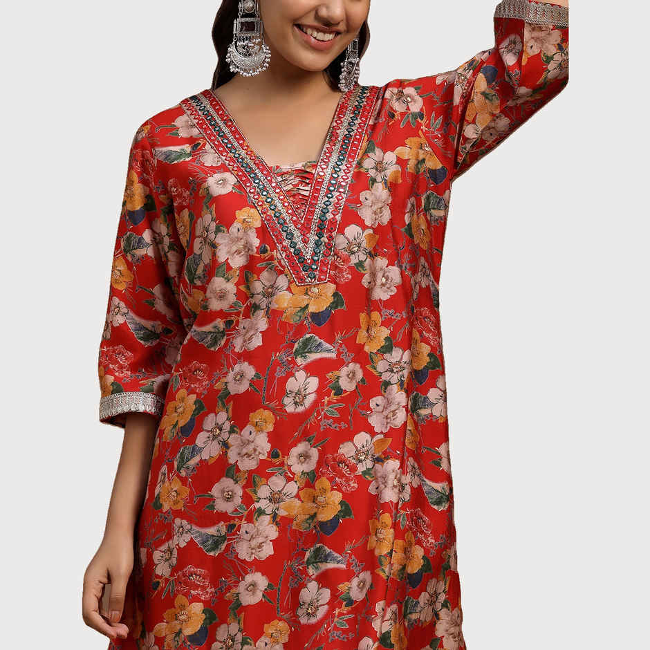 Libas Women's Red Printed Silk Blend Co-Ords | M