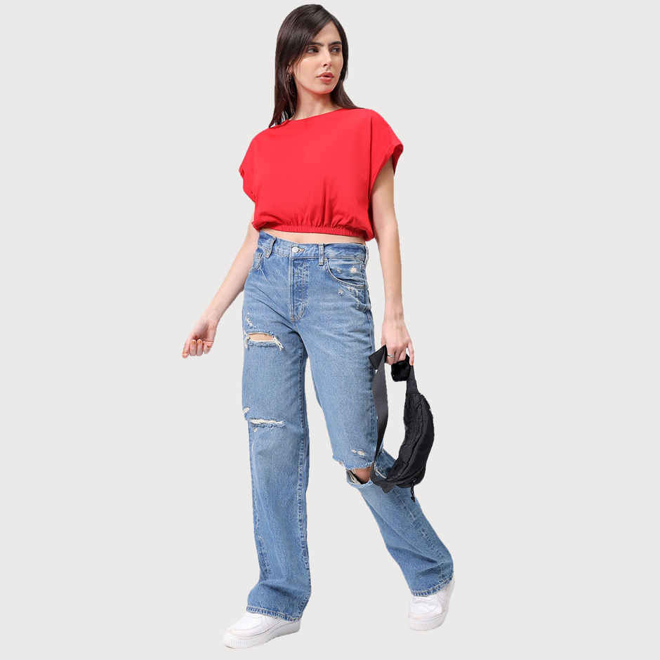 Freehand Women's Regular Solid Casual Crop Top | Red - S