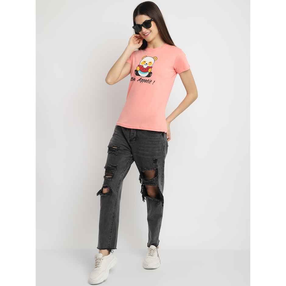Fabflee Women Regular Cotton Printed Round Neck Tshirt | Peach | FAB-WT-36 | M