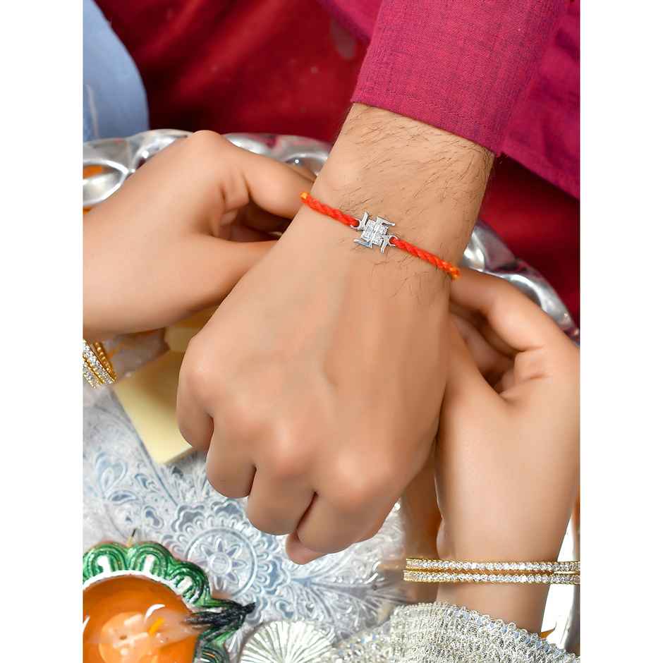Silver 925 Sterling Silver Precious Swastik Thread Rakhi (Voylla)