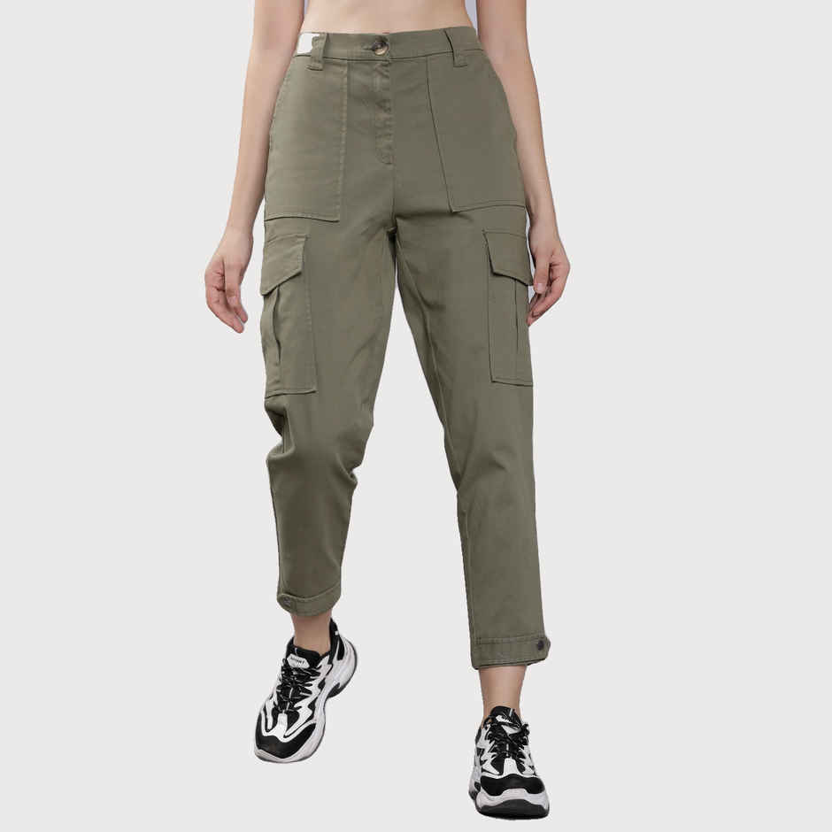 Tokyo Talkies Women's Regular Fit Solid Cargos | Olive Green - 28