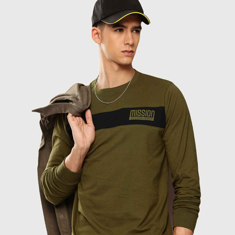 Dillinger Men's Pure Cotton Colourblocked Typography Printed Long Sleeve T-shirt | Olive - S