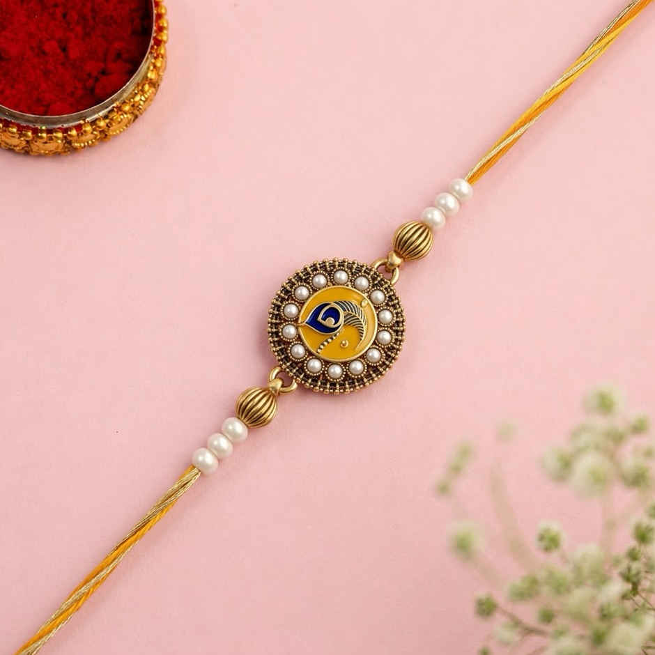 Thread Studded Yellow Thread Mens Rakhi for Brother | Peacock | Pack of 1 | Voylla