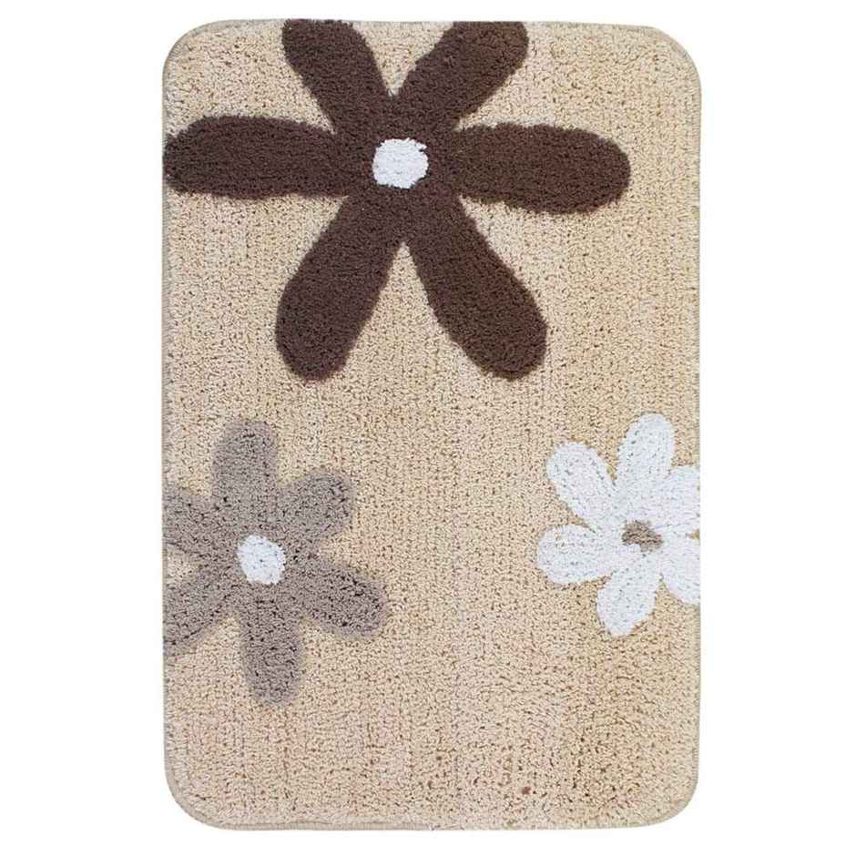 Saral Home Cotton Flower Print Anti-Slip Bathmat | Beige - 40 x 60 cm