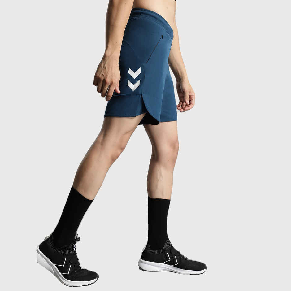 hummel Men's Kuro Solid Regular Fit Gym Shorts with Zipper Pockets | Blue - M