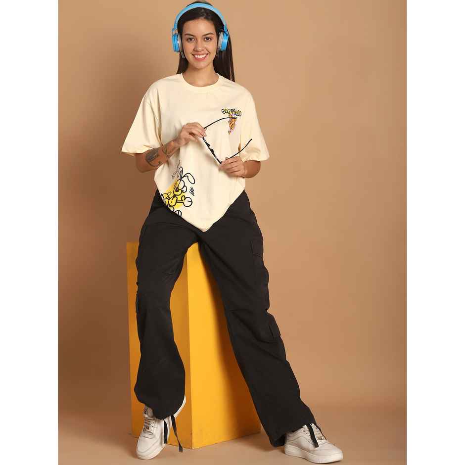 Fabflee Women Oversize Cotton Printed Round Neck Tshirt | Beige | FAB-OS-515 | M