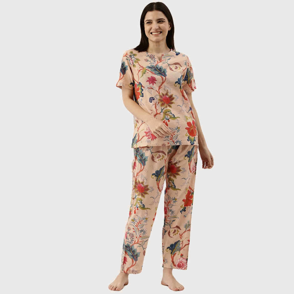 Sanskrutihomes Women Beige Pure Cotton Floral Print Pyjama | Set - S