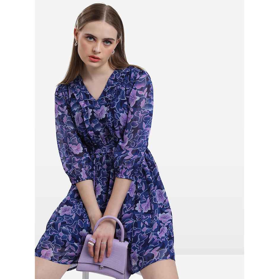 Ketch Women's Floral Printed Puff Sleeves Ruffle Fit & Flare Dress | Blue - M