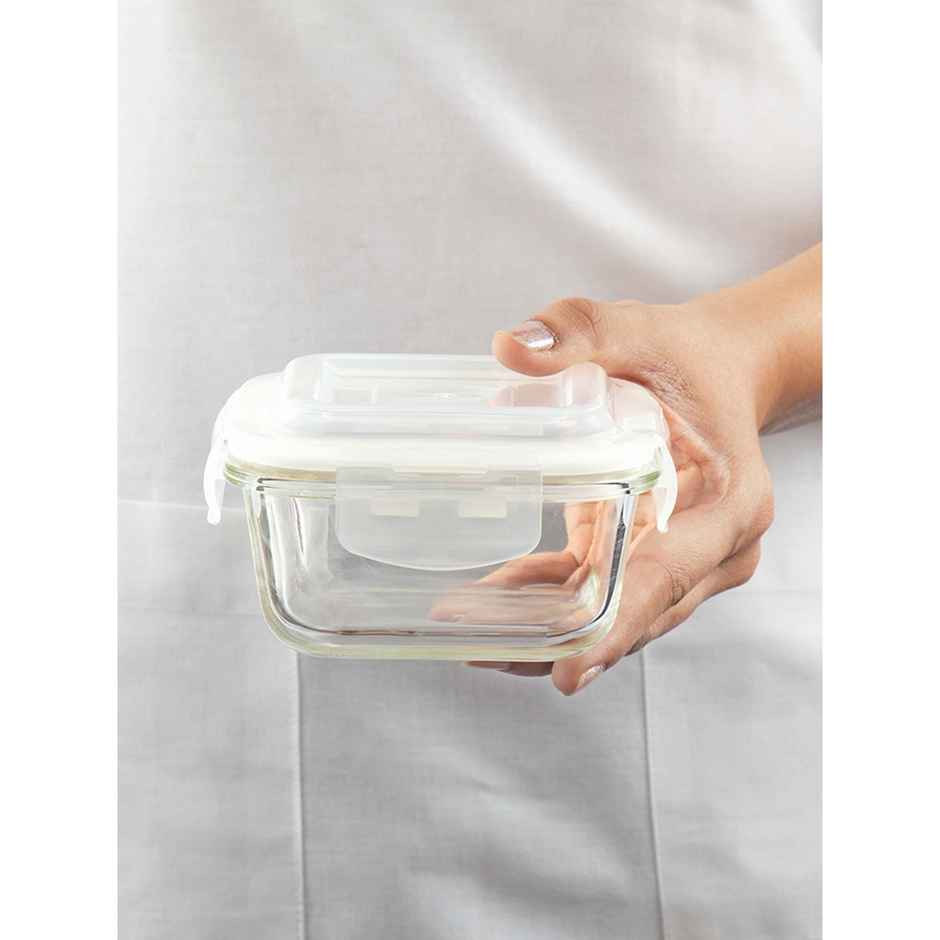 Borosil Alfa Lunchbox | 2 Pcs Glass Set | 320 ml x 2 | Square | Vertical