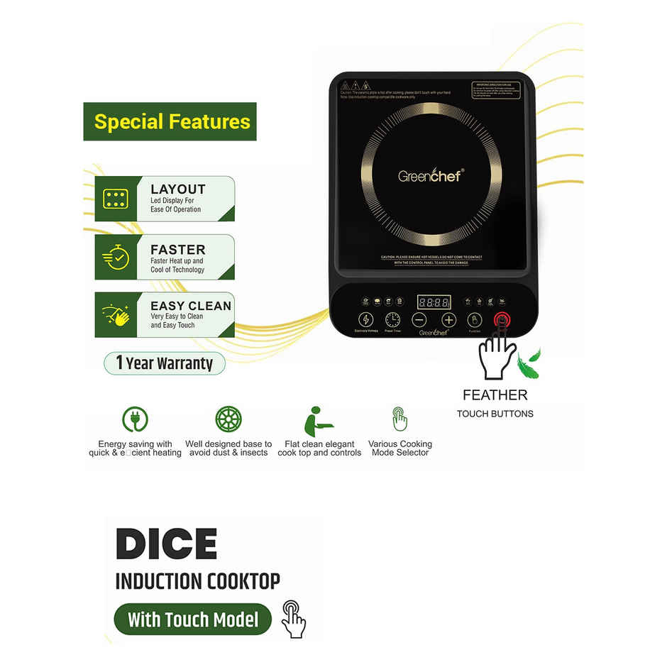 Greenchef DICE 2000watts LED display Induction Cooktop with touch button, pre set function and timer Induction Cook Top, touch panel - Black