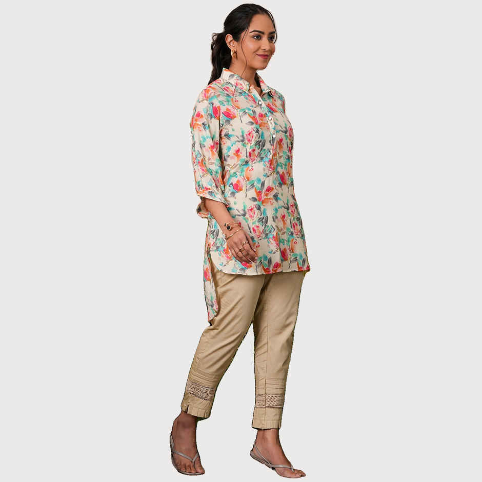 Libas Women's Printed Silk Blend Pathani Kurti | 37083 37083 | Cream - M