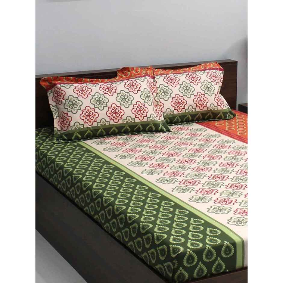 Bombay Dyeing Ivyrose 110 Tc 100% Cotton Queen Bedsheet With 2 Pillow Covers - Orange Green
