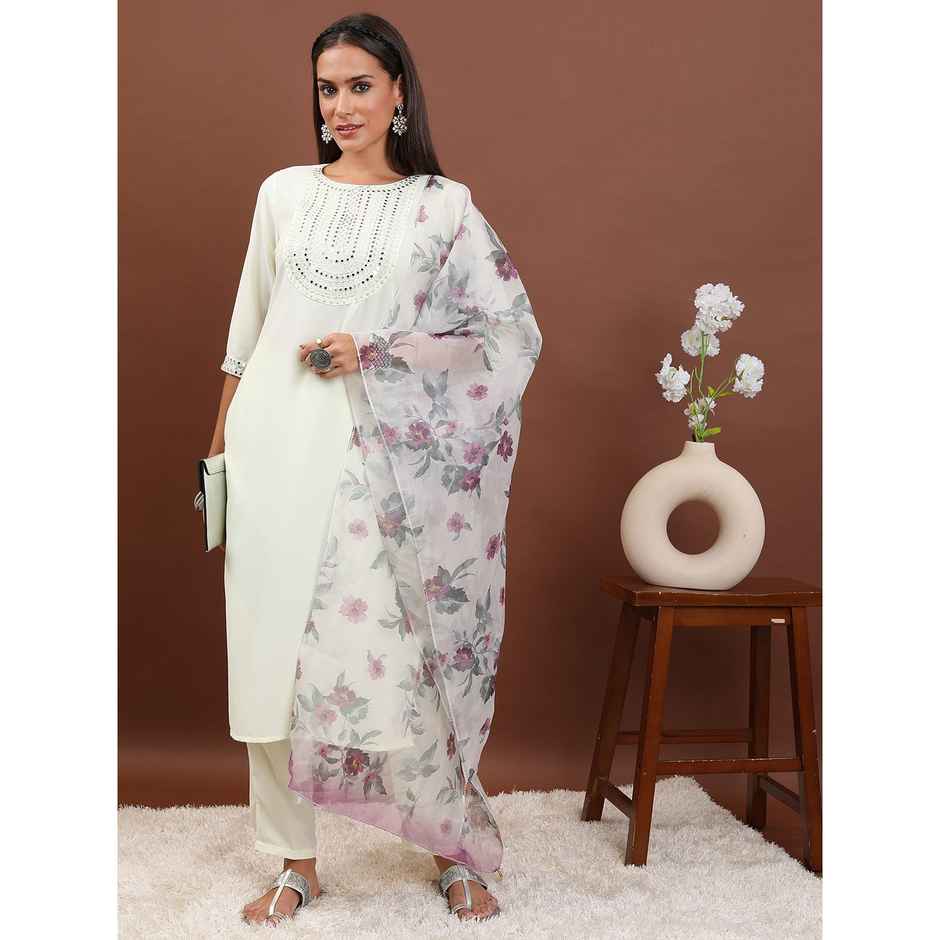Ketch Women's Ethnic Motifs Embroidered Mirror Work Kurta With Trousers Dupatta | Cream | S