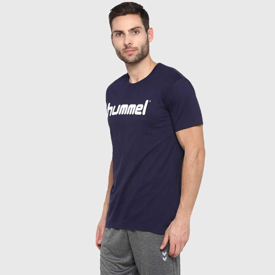 hummel Men's Go Logo Round Neck Solid Regular Fit Cotton Poly T-shirt | Marine - L