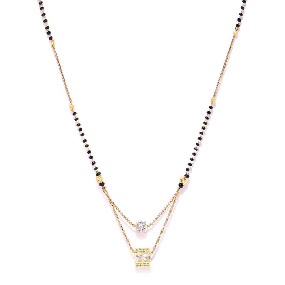 Priyaasi Gold-Plated Ad Studded Geometric Pendant Black Beaded Chain Mangalsutra
