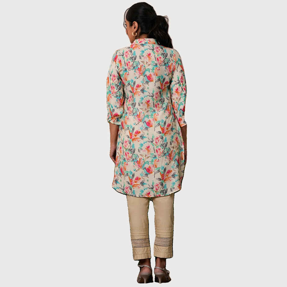 Libas Women's Printed Silk Blend Pathani Kurti | 37083 37083 | Cream - M