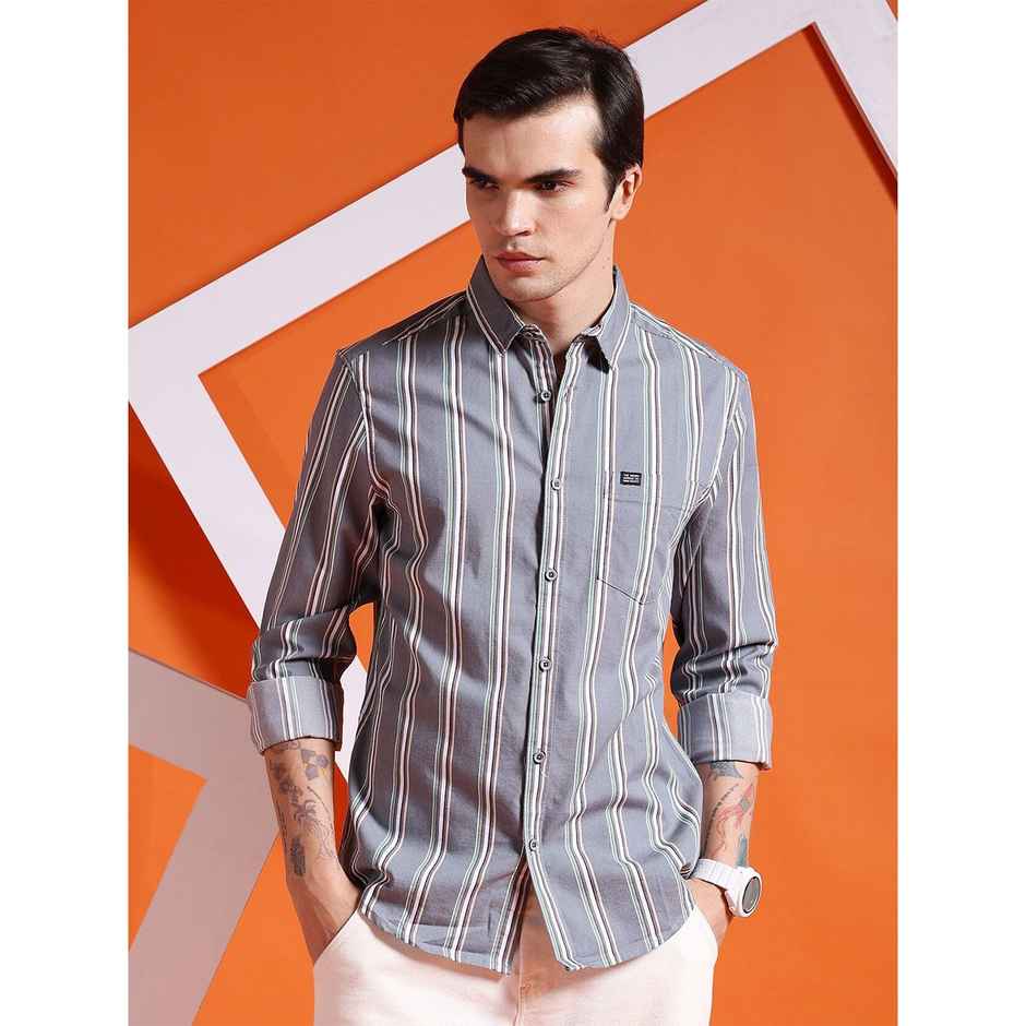 The Indian Garage Co Men's Slim Fit Striped Casual Shirt | Grey - S