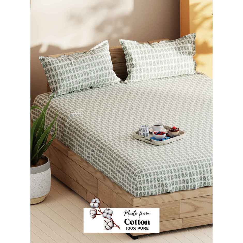 Bianca Soft 100% Natural Cotton Double Bedsheet With 2 Pillow Covers | Laquasa Floral | Green &Ecru