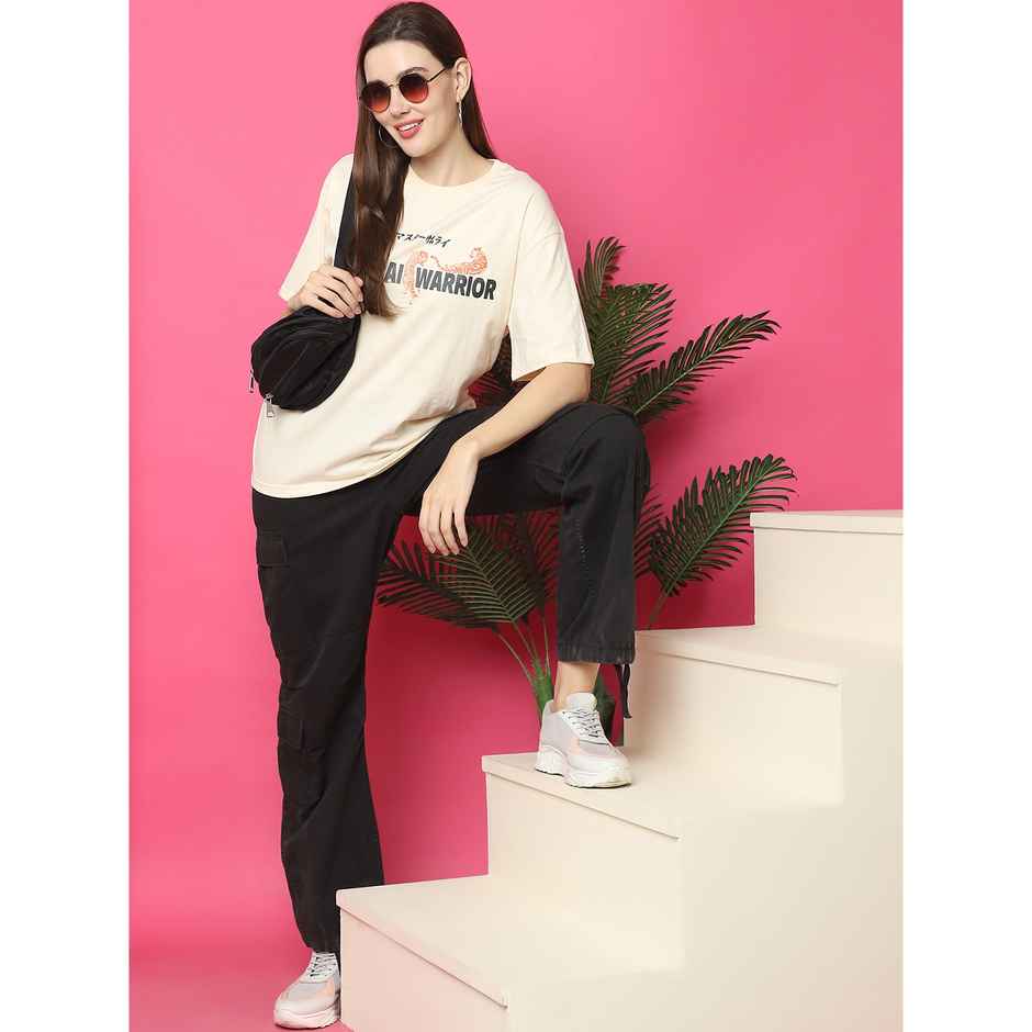 Fabflee Women Oversize Cotton Printed Round Neck Tshirt | Beige | FAB-OS-526 | M
