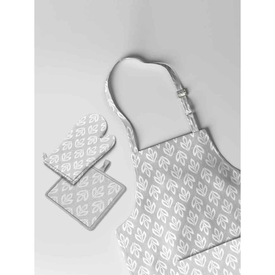 Bianca Premium Printed Cotton Apron, Oven Mitt, Pot Holder Set | Florence Floral | Light Grey