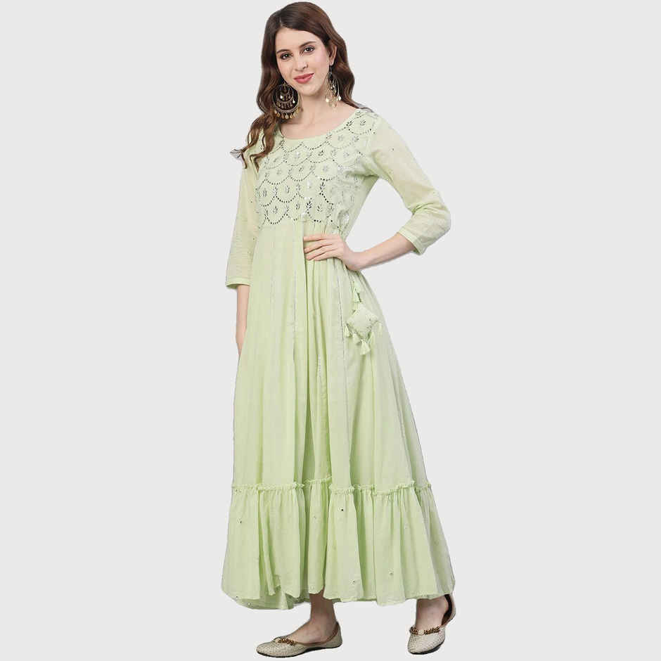 Ishin Women's Kurta Flared Sleeves Mirror Work Yoke Design | Green - M