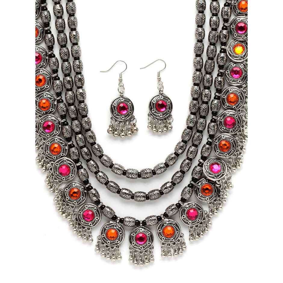 Shining Diva Fashion Stylish Oxidised Silver Tribal Necklace Set for Women and Girls | 12164s