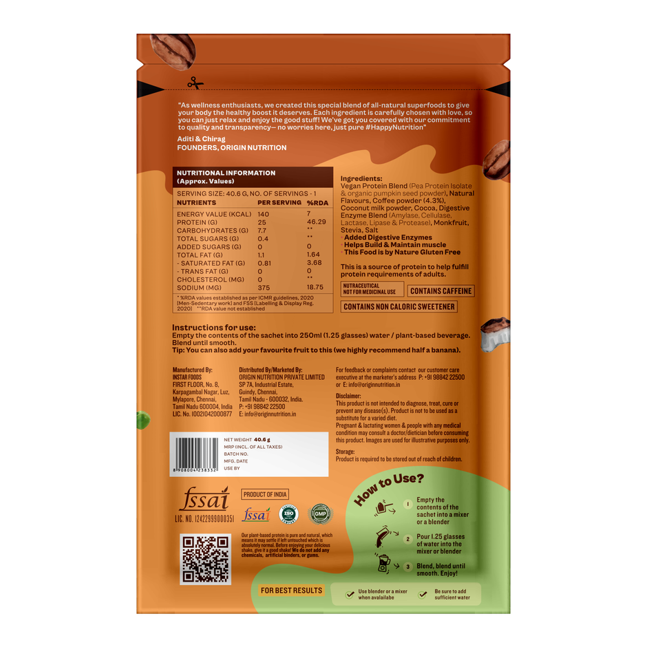 Origin Nutrition Daily Plant Protein Filter Coffee Single Serving