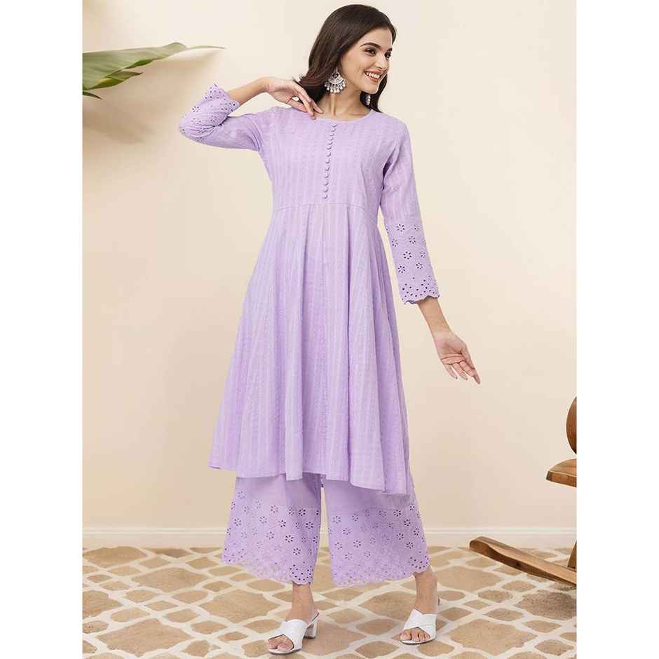 Ishin Women Cotton Kurta Set | INWKTAW24351 | Lilac - S