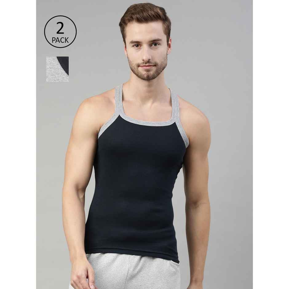 Dixcy Scott Men's 100% Combed Cotton Rib Solid Squared Neck Sleeveless Gym Vest | Grey & Navy - M