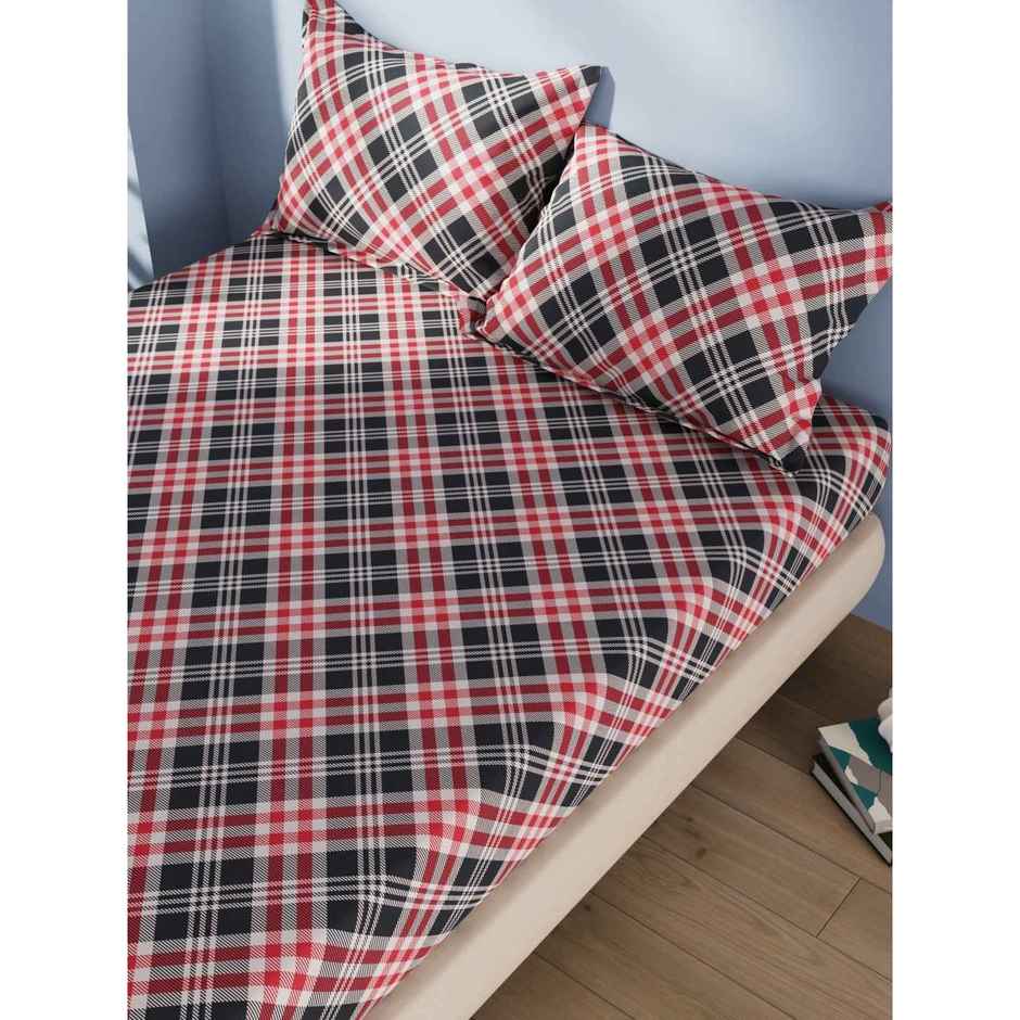 Bianca Cotton Double Bedsheet With 2 Pillow Covers 3pc Set | Serina Checks - Grey/Red