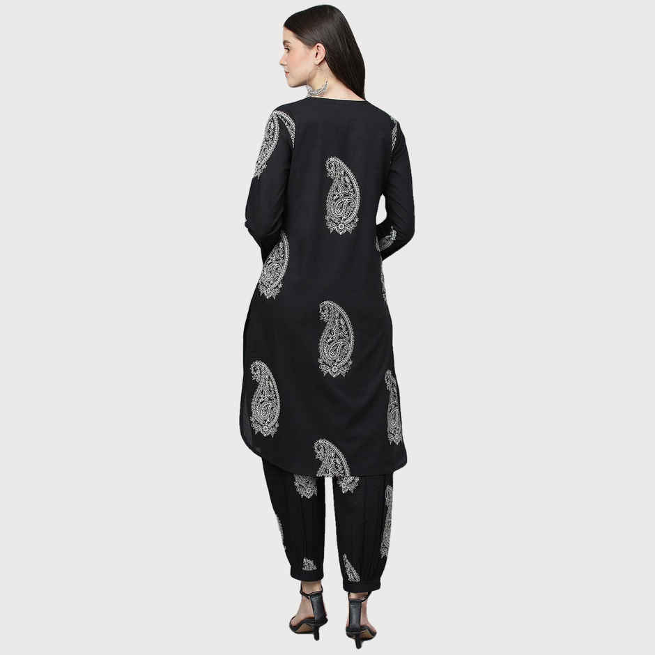 Divena Women's Cotton Straight Kurta with Curve Hem Pant Set | DK0800 | Black - S